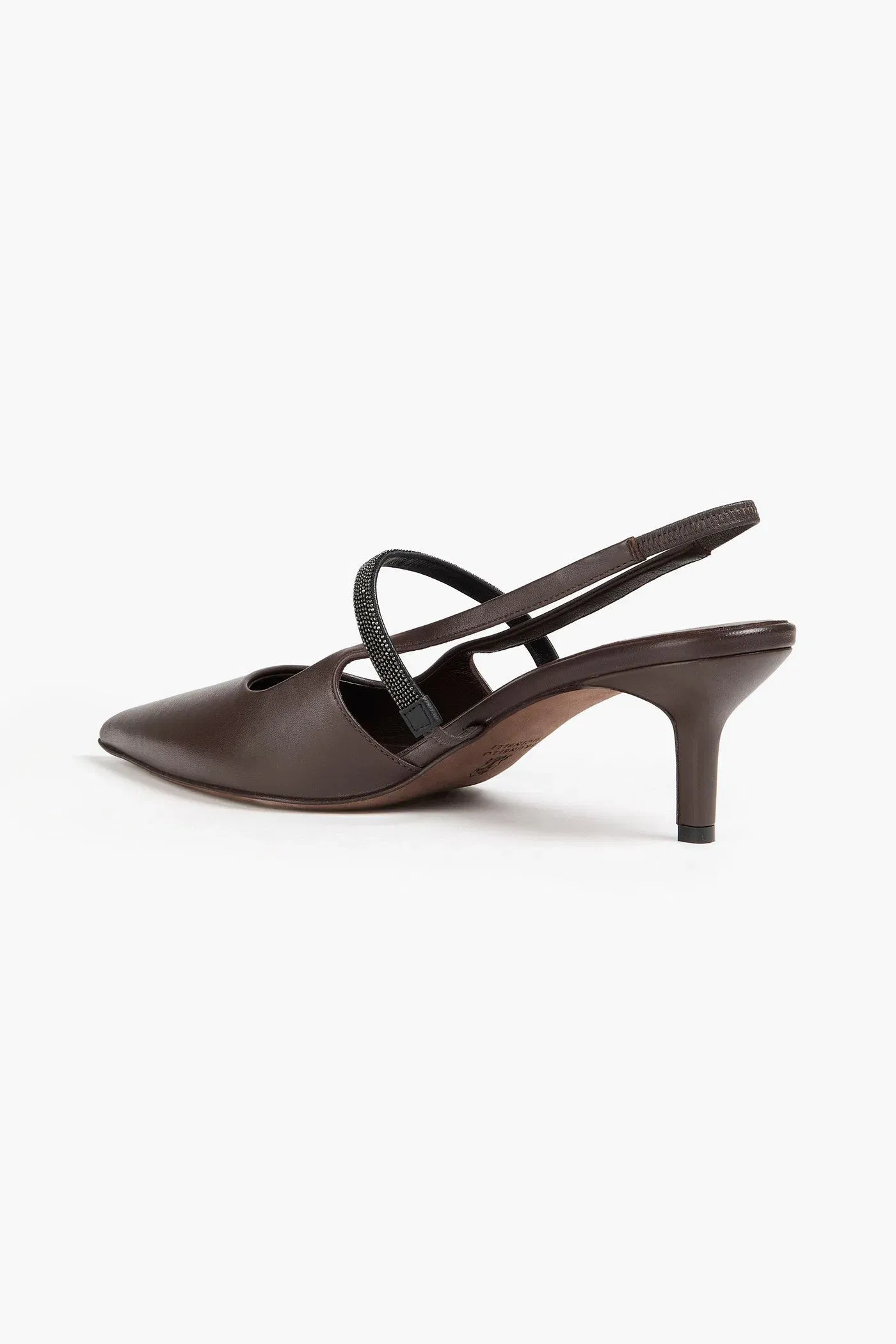 Brunello Cucinelli Bead-Embellished Leather Slingback Pumps Chocolate Women's