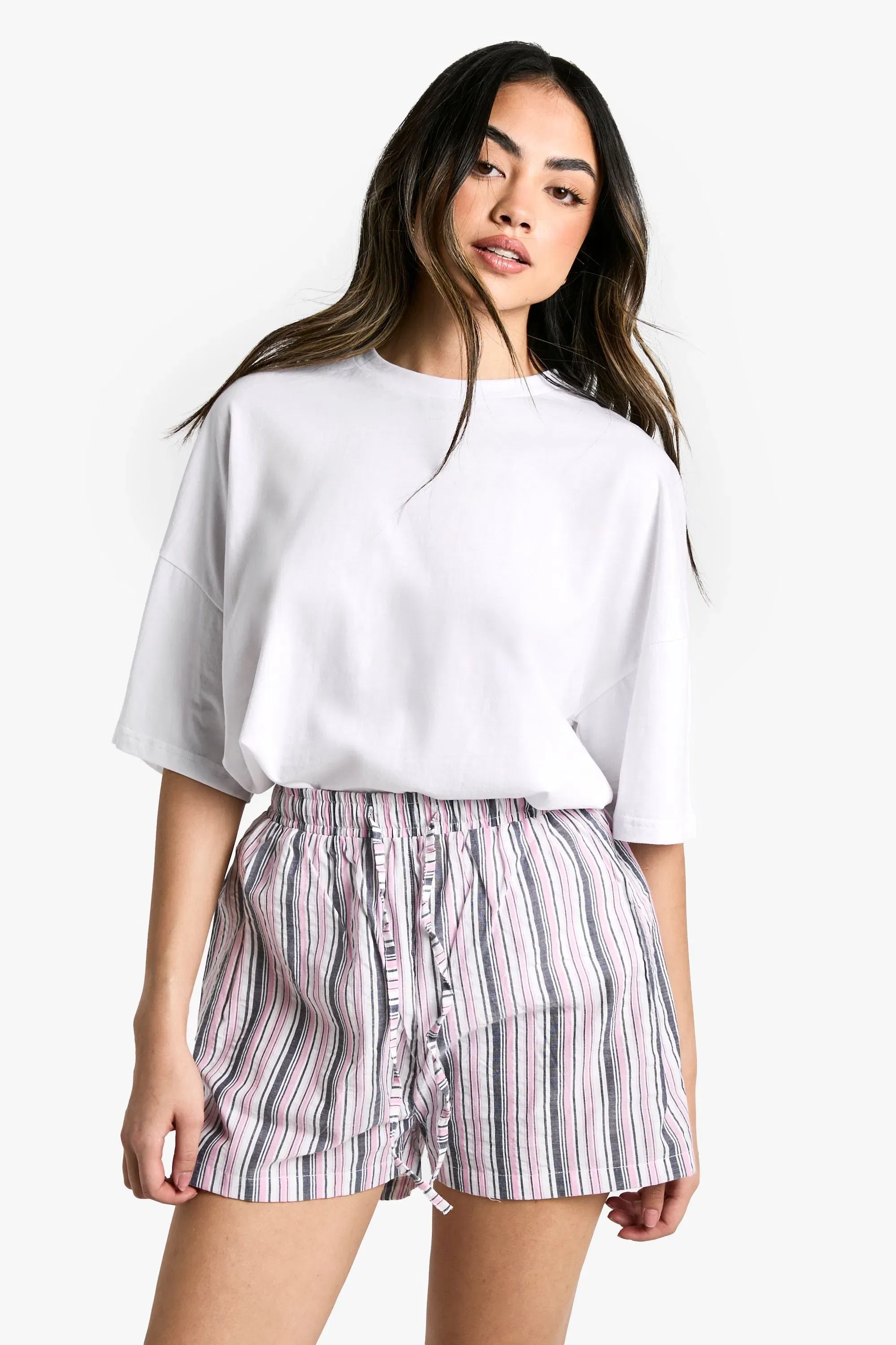 Mixed Stripe Drawstring Waist Shorts