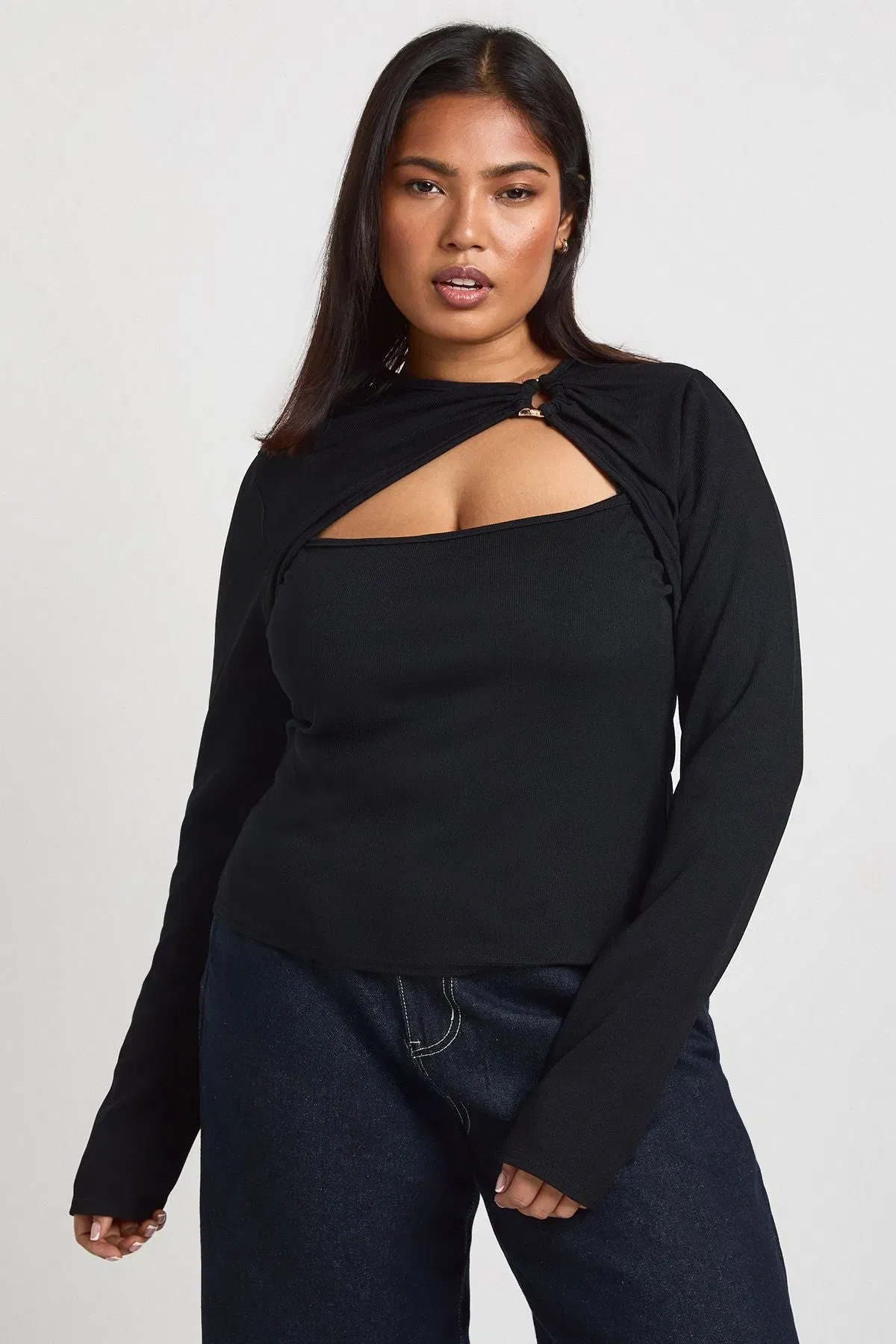 Plus Rib Gold Trim Detail Cut Out Long Sleeve