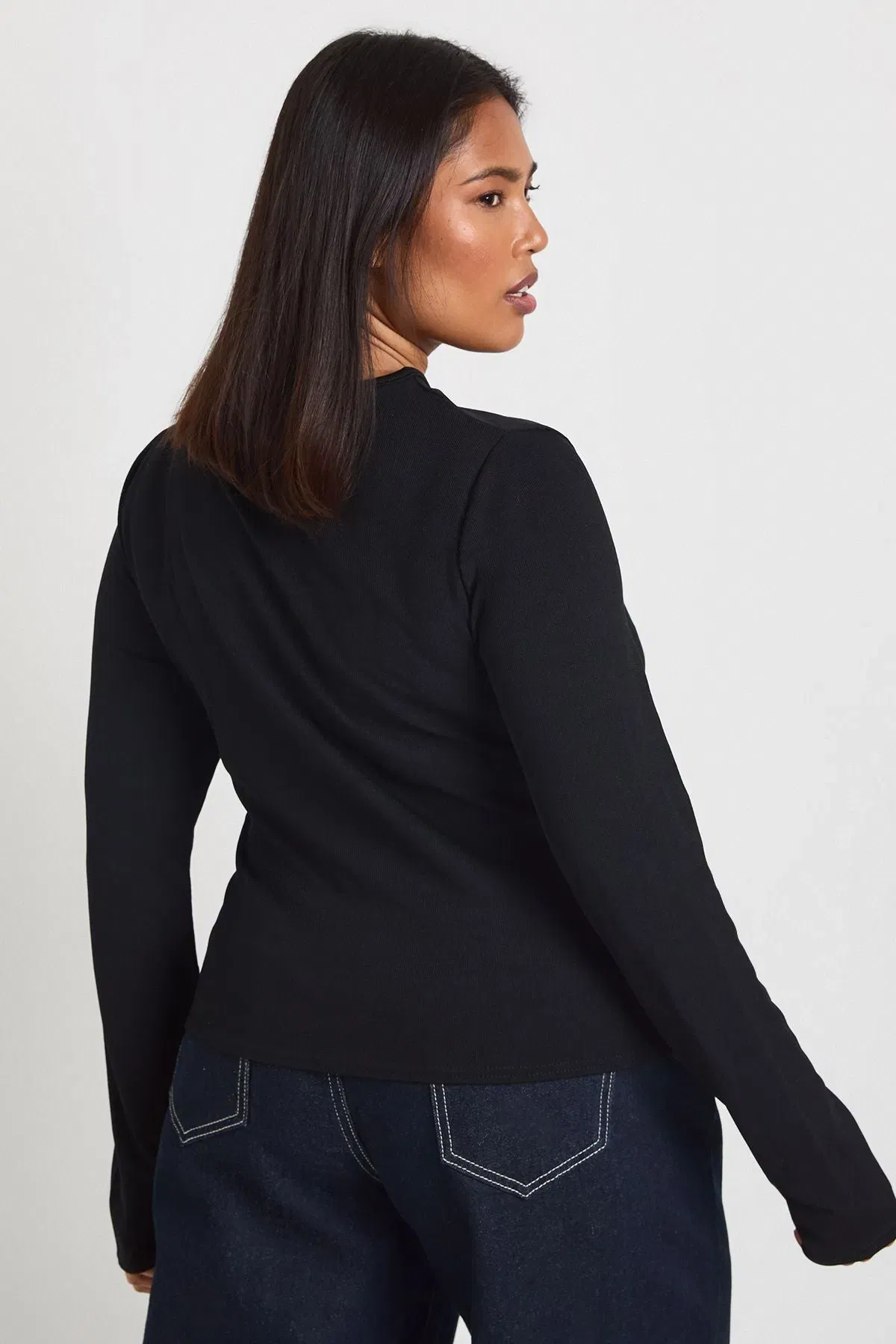 Plus Rib Gold Trim Detail Cut Out Long Sleeve
