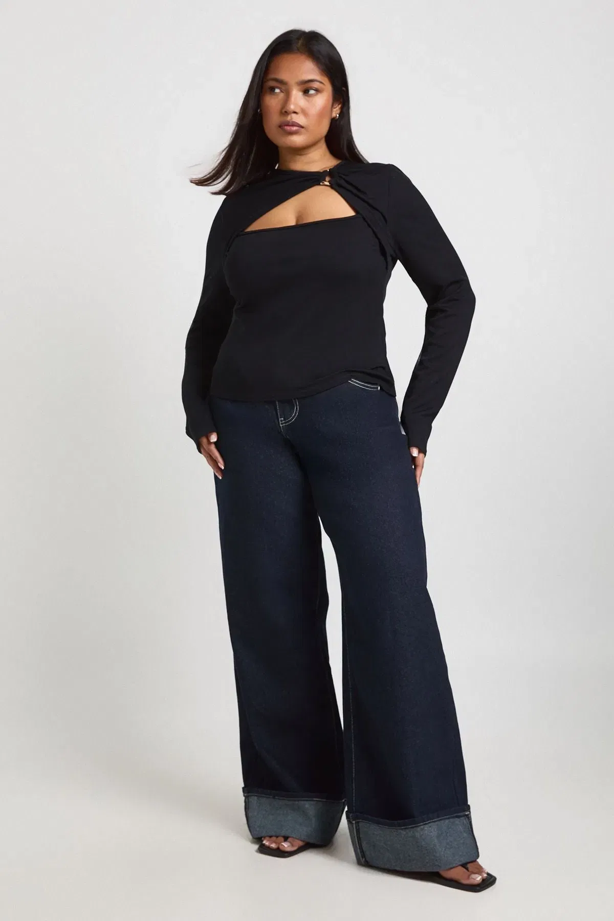 Plus Rib Gold Trim Detail Cut Out Long Sleeve