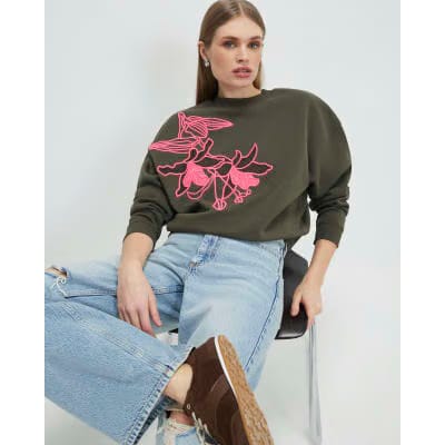 Khaki Contrast Embroidered Floral Sweatshirt