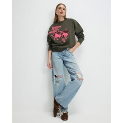 Khaki Contrast Embroidered Floral Sweatshirt