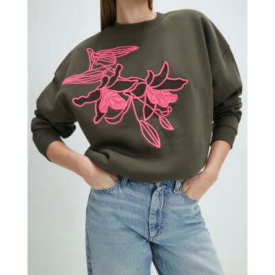 Khaki Contrast Embroidered Floral Sweatshirt