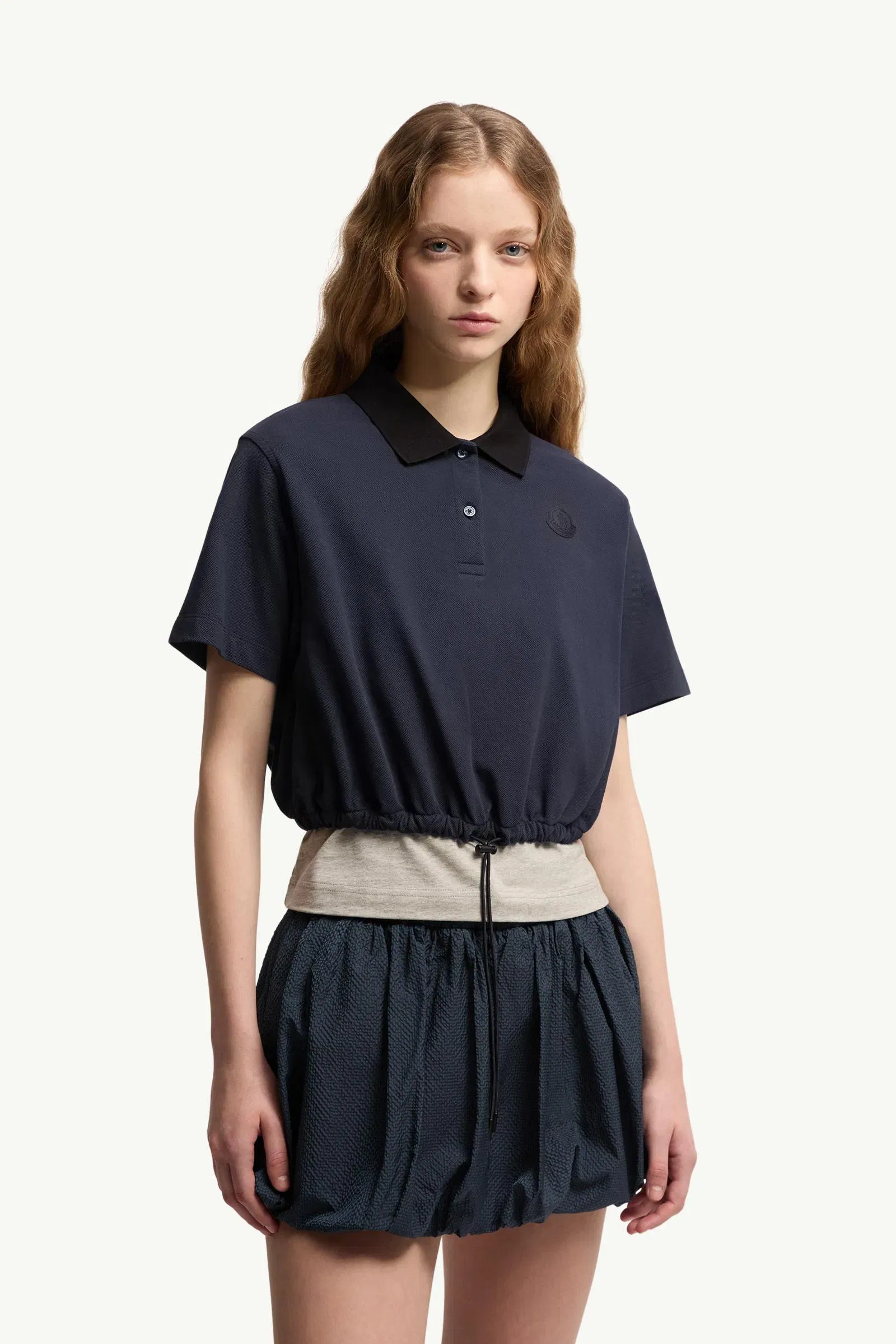 Moncler Cropped Cotton Piquet Polo Shirt Night Blue Night Blue