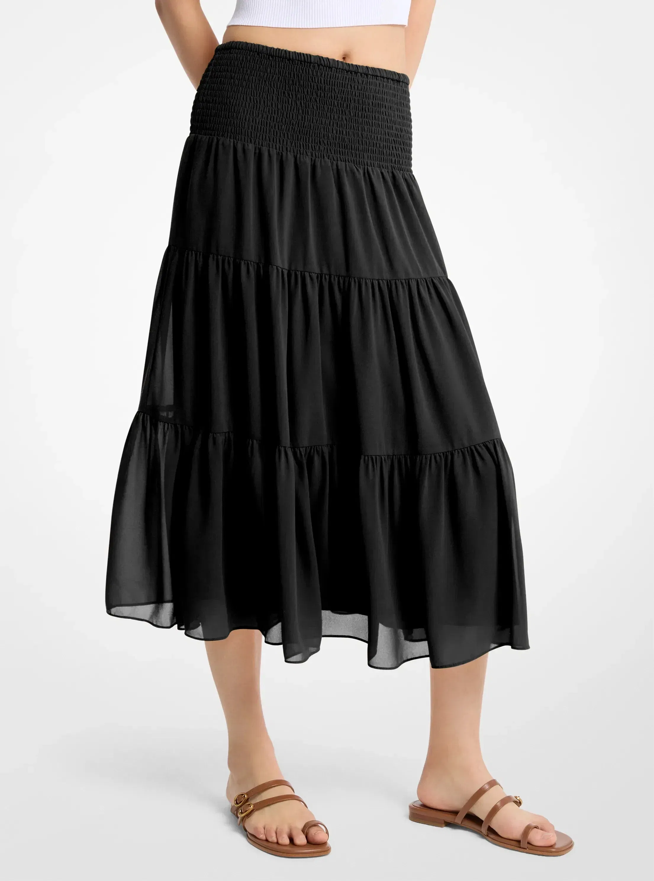 Michael Kors Smocked Georgette Tiered Skirt BLACK