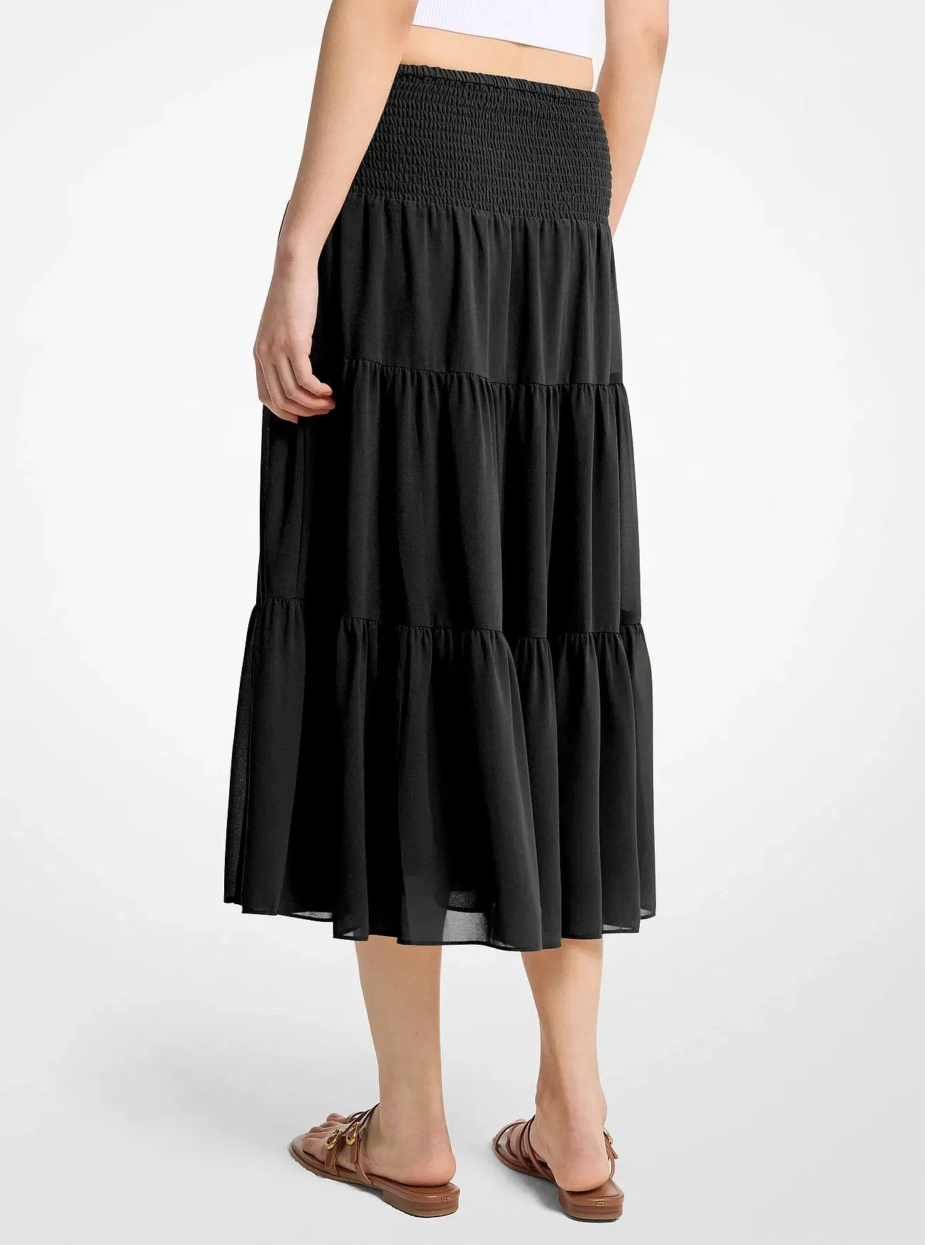 Michael Kors Smocked Georgette Tiered Skirt BLACK