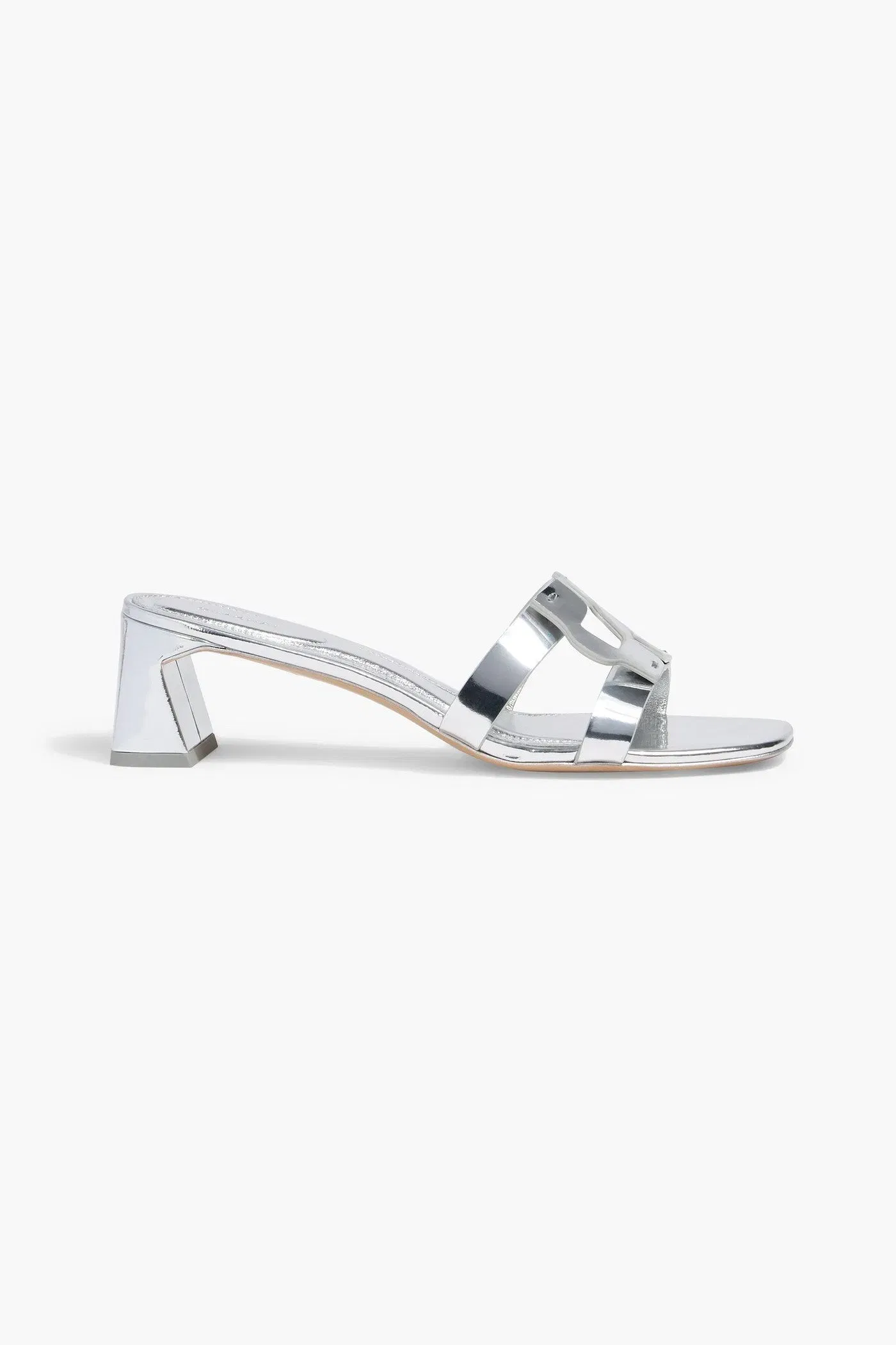 Simkhai Monogram Appliqud Mirrored-Leather Mules Silver Women's