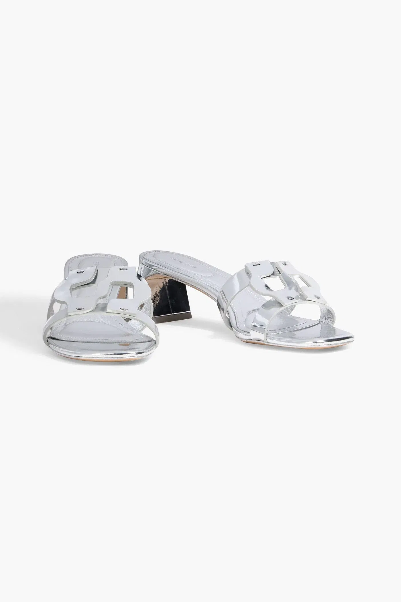 Simkhai Monogram Appliqud Mirrored-Leather Mules Silver Women's