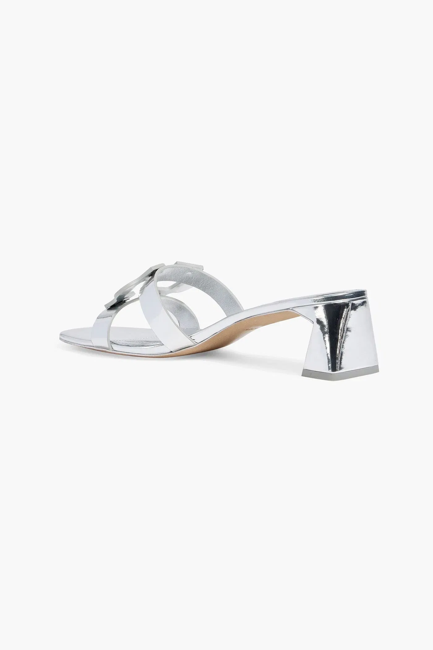 Simkhai Monogram Appliqud Mirrored-Leather Mules Silver Women's
