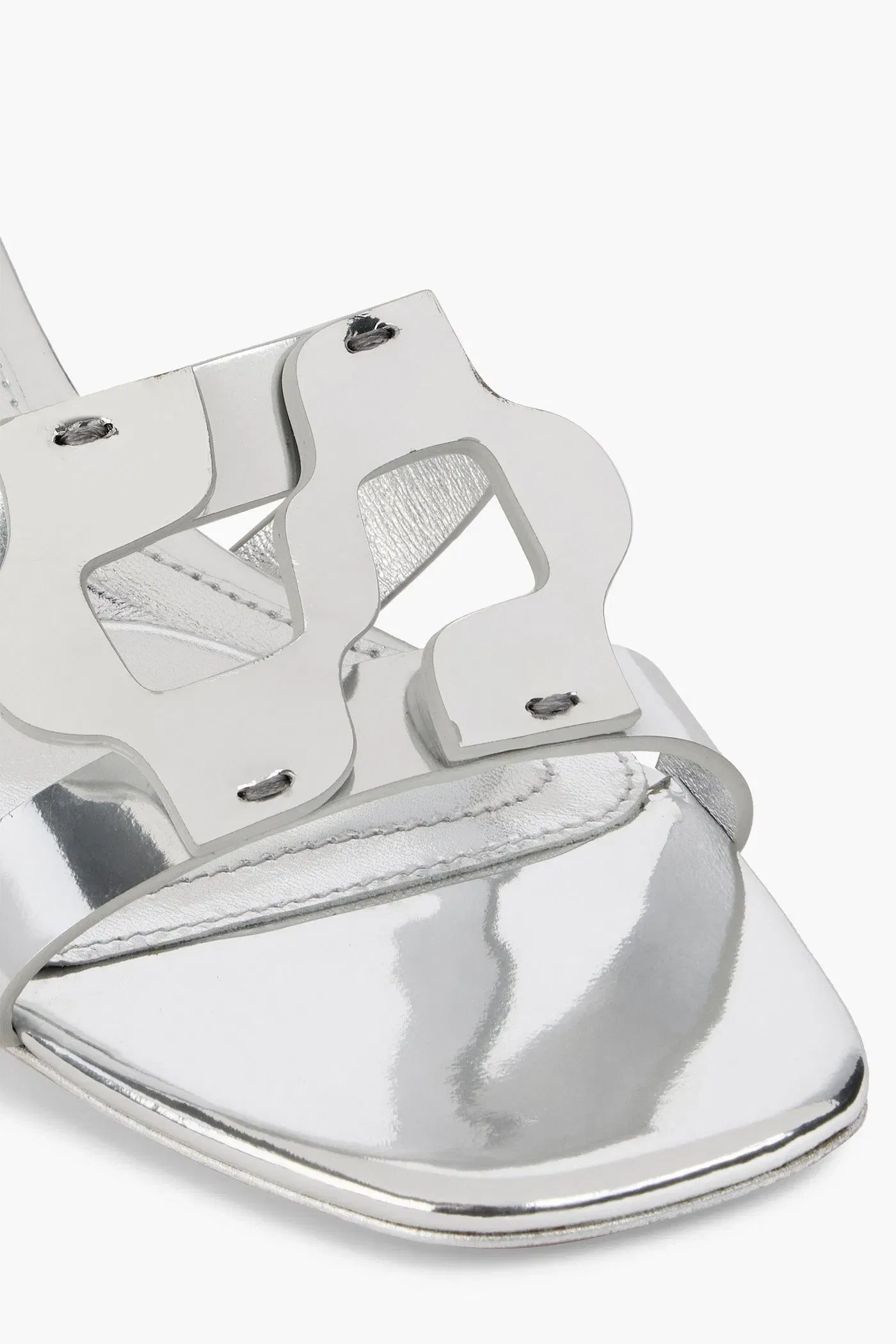 Simkhai Monogram Appliqud Mirrored-Leather Mules Silver Women's