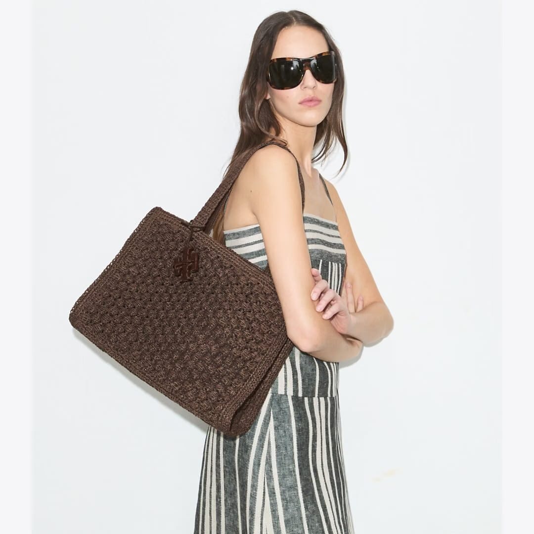 Tory Burch Small Ella Hand-Crocheted Popcorn Tote Dark Cocoa