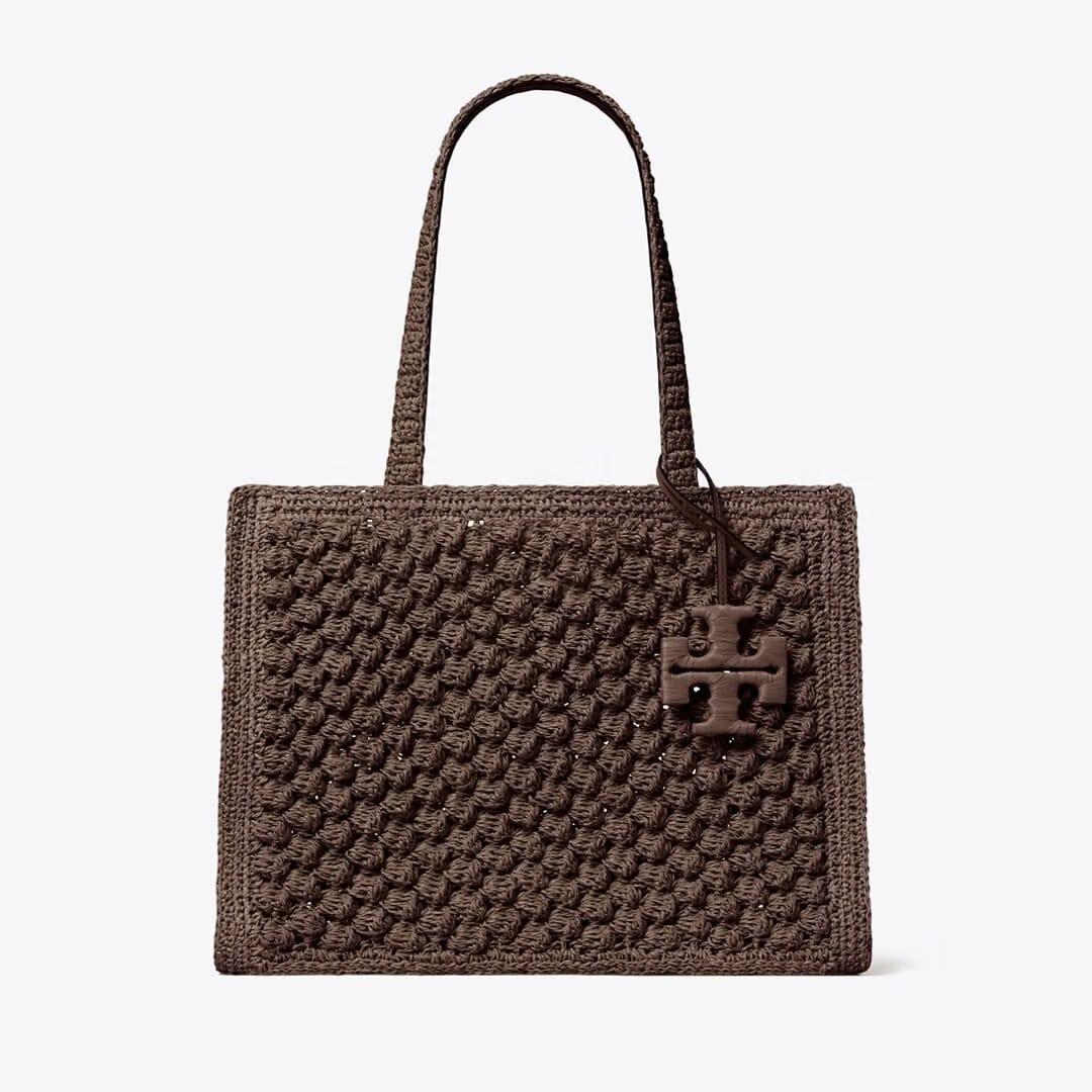 Tory Burch Small Ella Hand-Crocheted Popcorn Tote Dark Cocoa