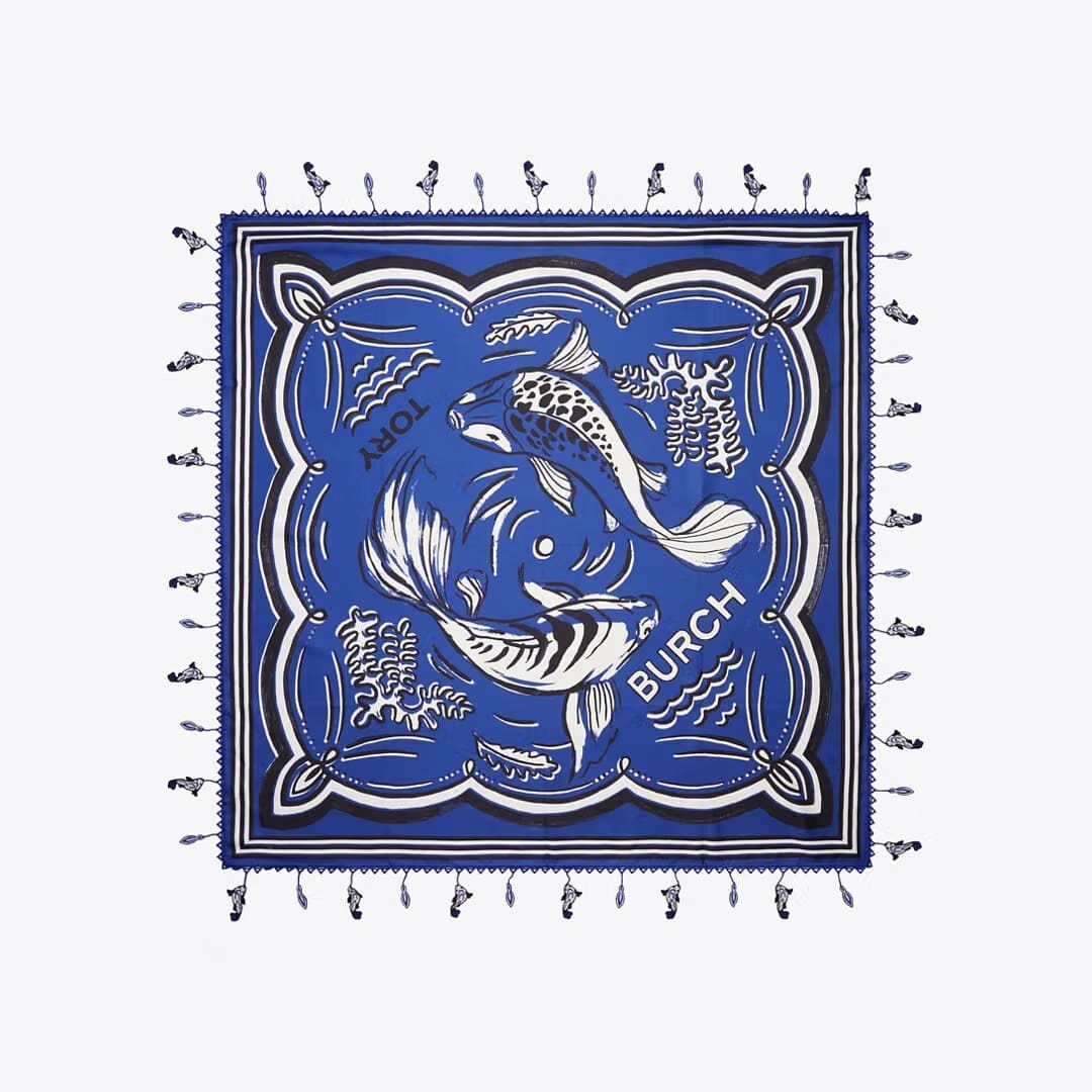 Tory Burch Fish Silk Square Scarf Fish Blue