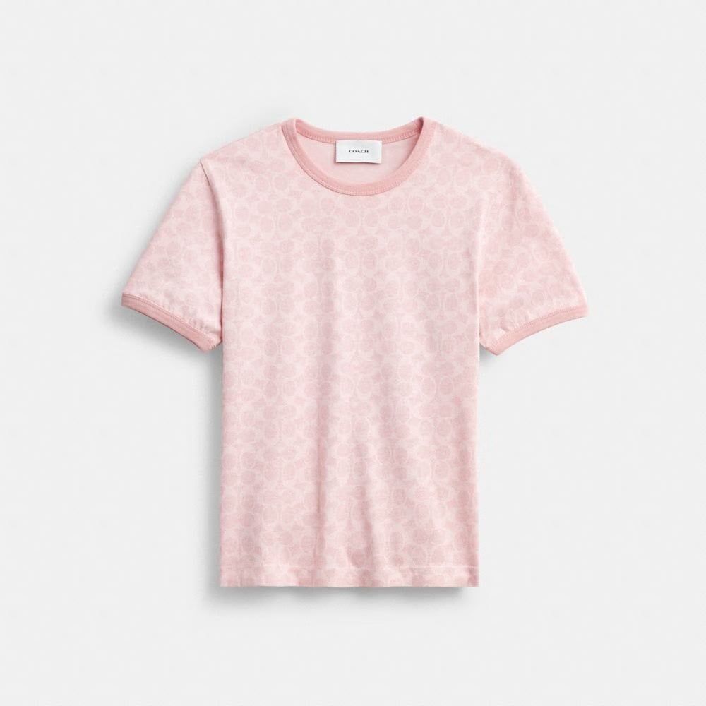 Coach Signature Ringer T-Shirt In Organic Cotton Pink Signature