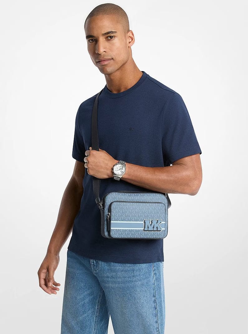 Michael Kors Cooper Embellished Signature Logo Flight Bag Denim