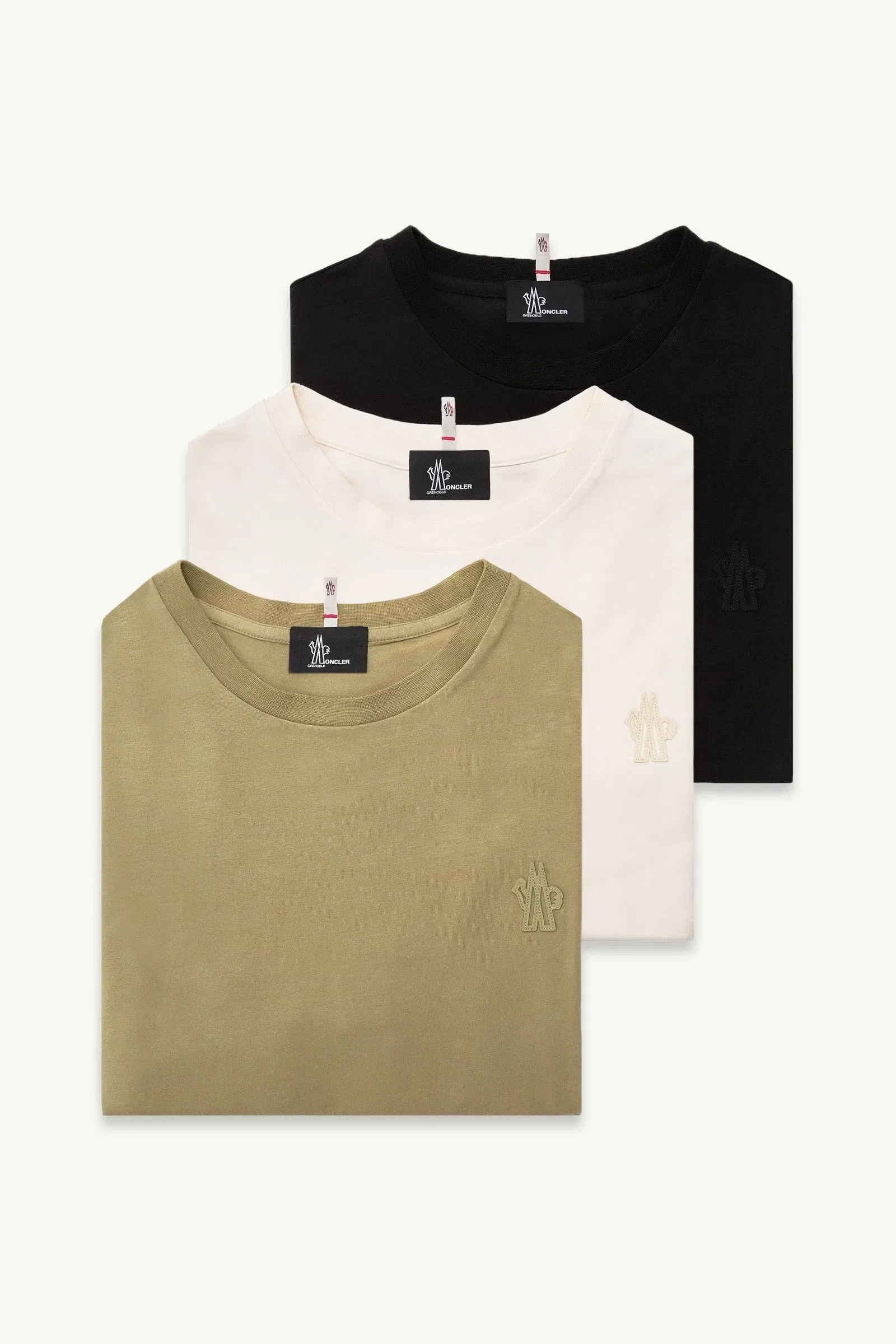 Moncler Logo Patch Cotton Blend T-Shirt (Three Pack) Black & White & Olive Green Black & White & Olive Green