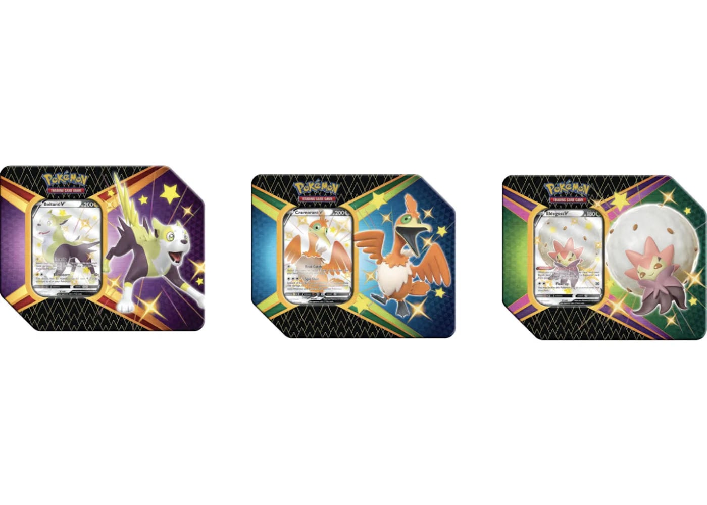 Pokemon Tcg Sword & Shield Shining Fates 3X Tin Lot Boltund V/Cramorant V/Eldegoss V 6 Booster Packs