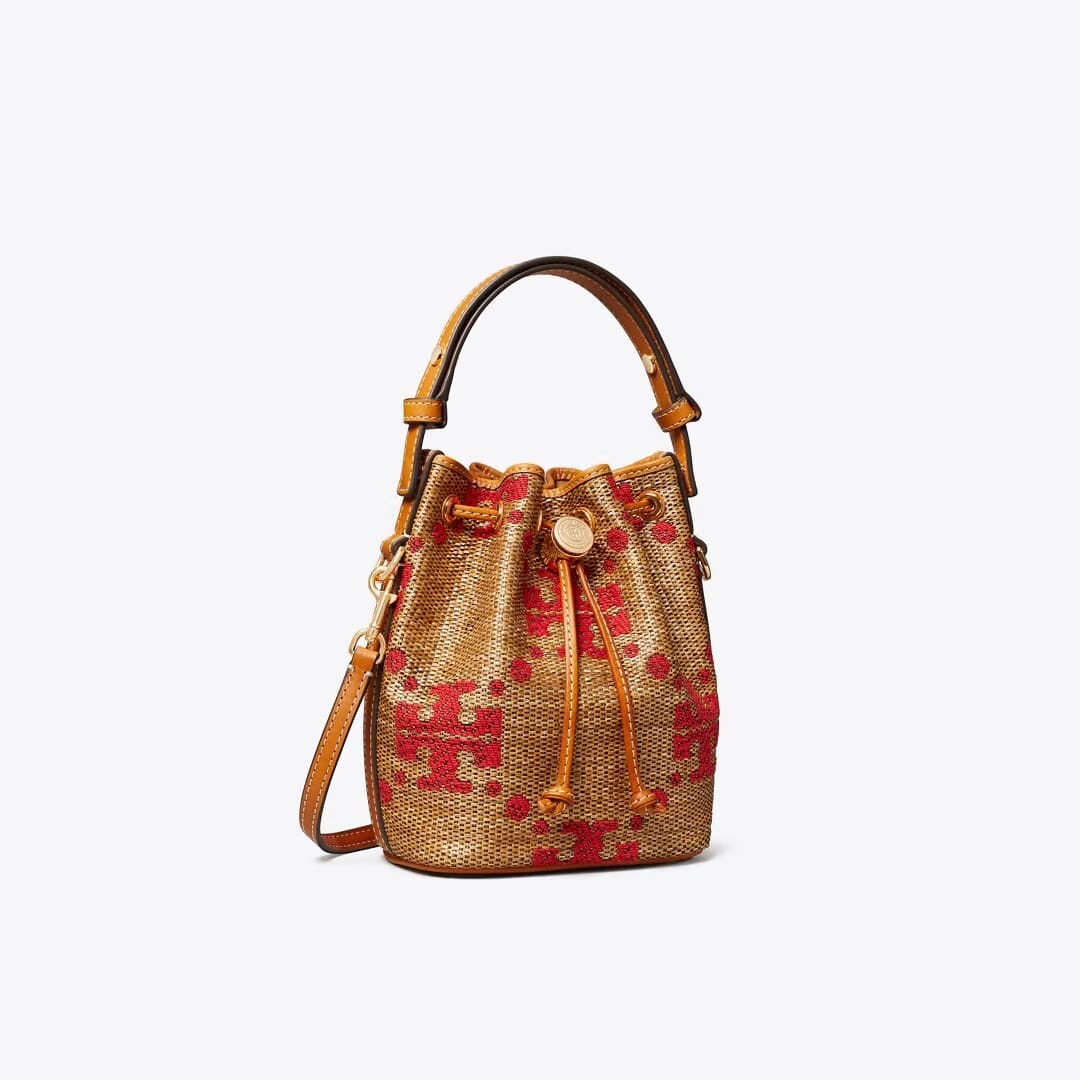 Tory Burch T Monogram Straw Mini Bucket Bag Natural
