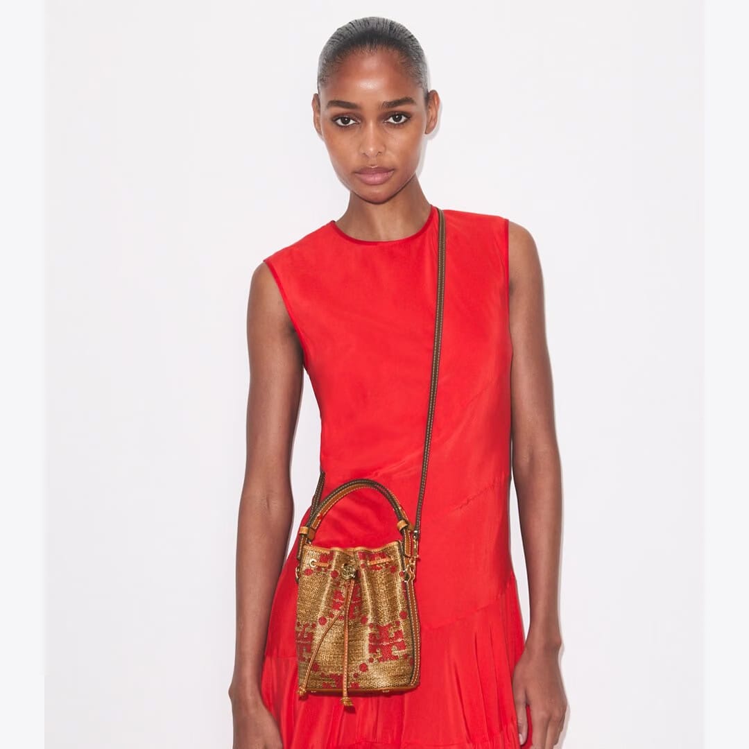 Tory Burch T Monogram Straw Mini Bucket Bag Natural
