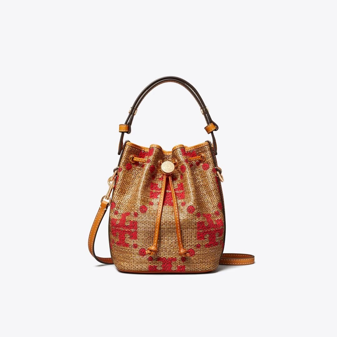 Tory Burch T Monogram Straw Mini Bucket Bag Natural