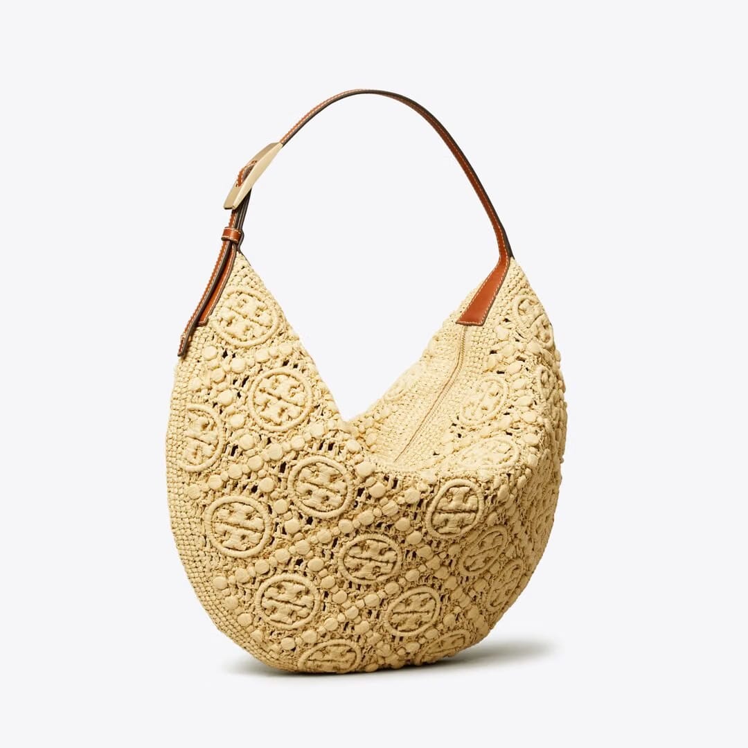 Tory Burch T Monogram Raffia Balloon Bag Natural