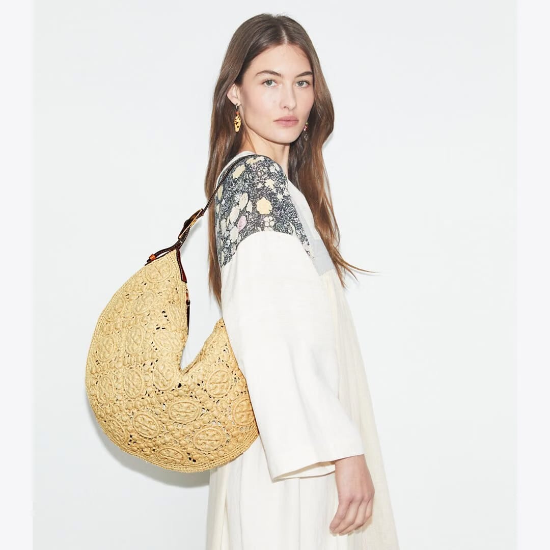 Tory Burch T Monogram Raffia Balloon Bag Natural