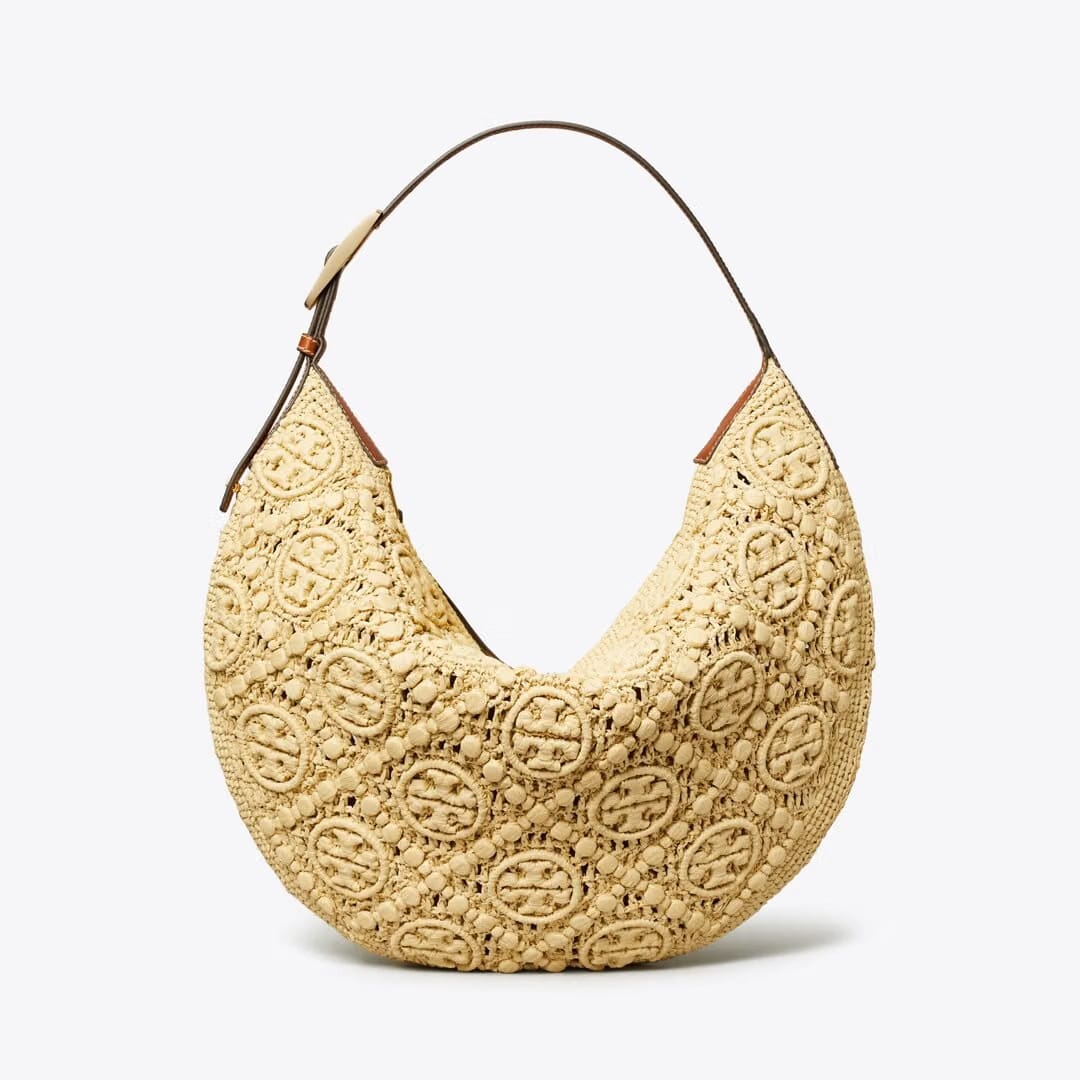 Tory Burch T Monogram Raffia Balloon Bag Natural