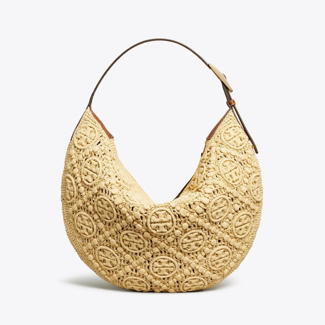 Tory Burch T Monogram Raffia Balloon Bag Natural