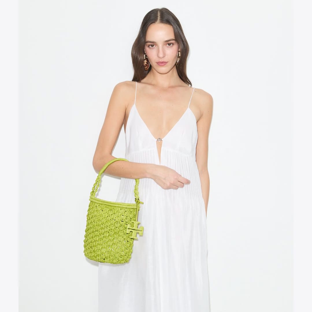 Tory Burch Ella Hand-Crocheted Popcorn Bucket Bag Citrus Green