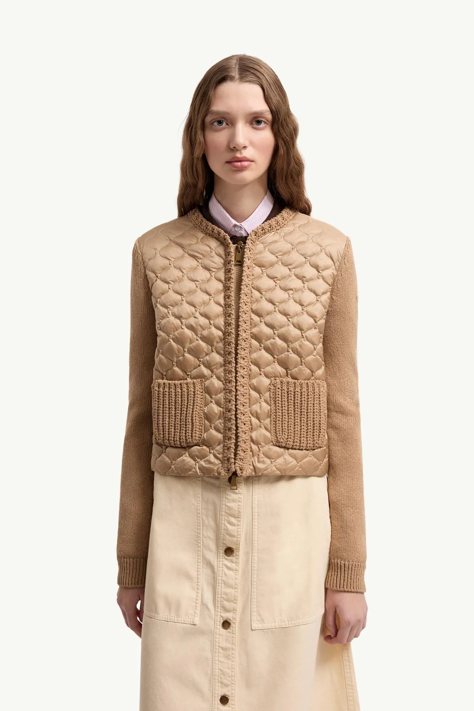 Moncler Geometric-Quilted Padded Zip-Up Cardigan Beige Beige