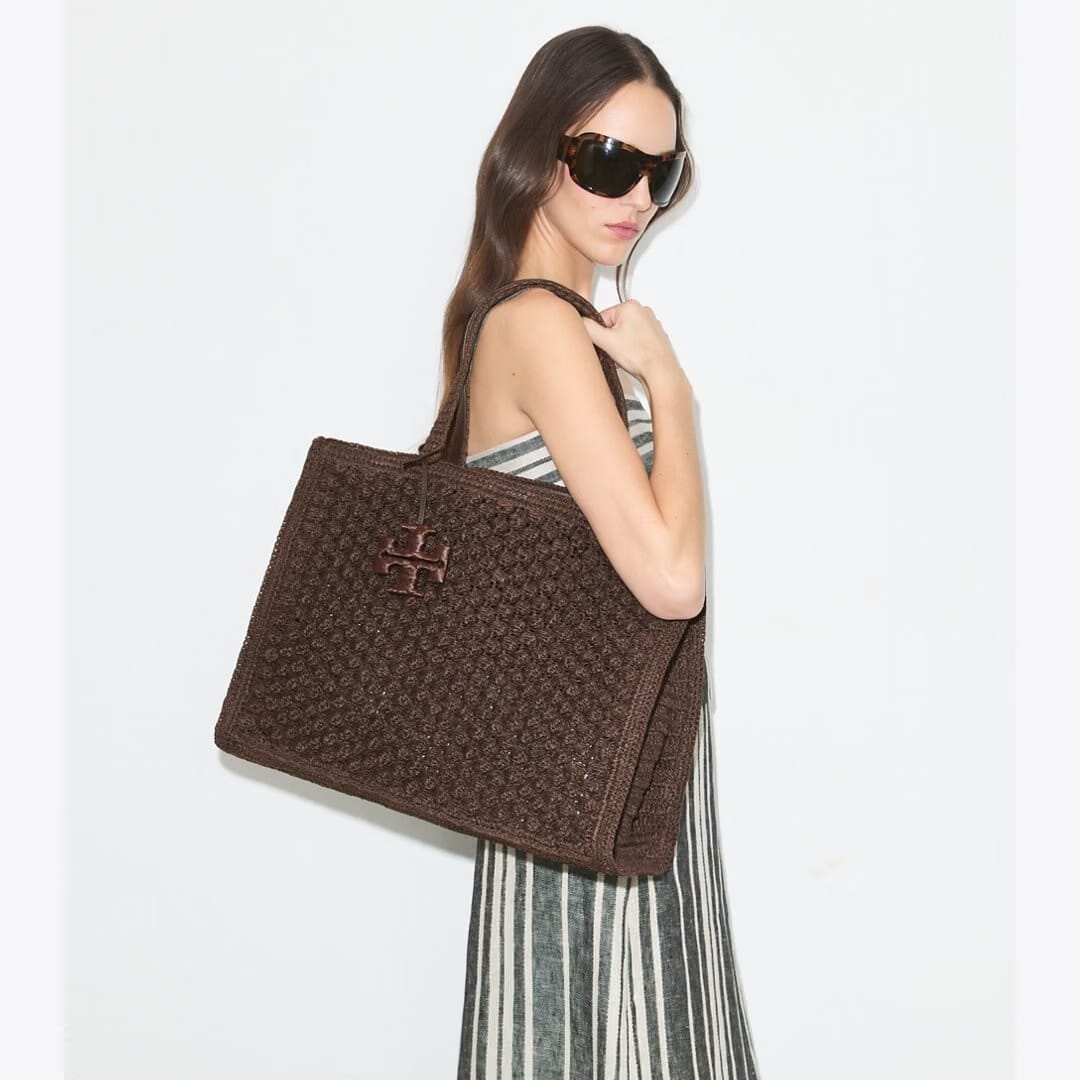 Tory Burch Large Ella Hand-Crocheted Popcorn Tote Dark Cocoa