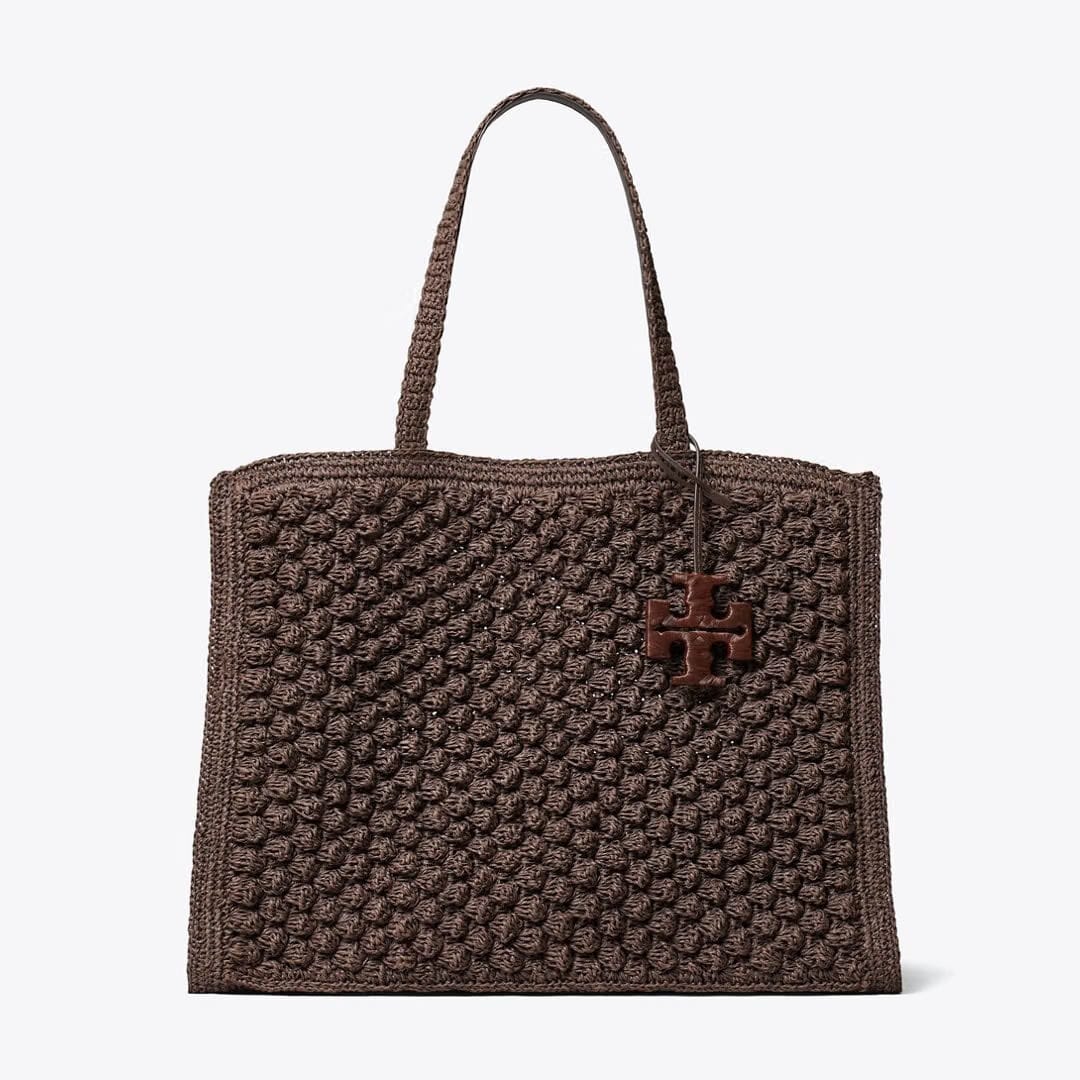 Tory Burch Large Ella Hand-Crocheted Popcorn Tote Dark Cocoa