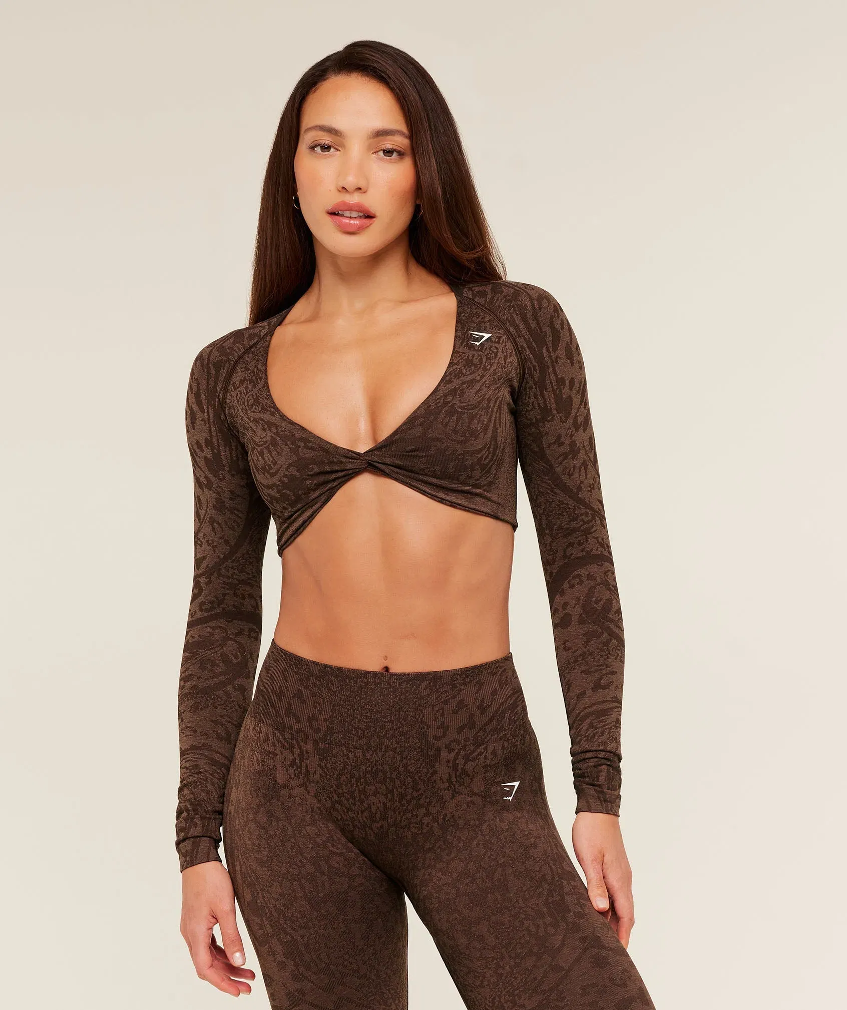 Gymshark Adapt Animal X Whitney Long Sleeve Crop Top - Archive Brown /  Soft Brown