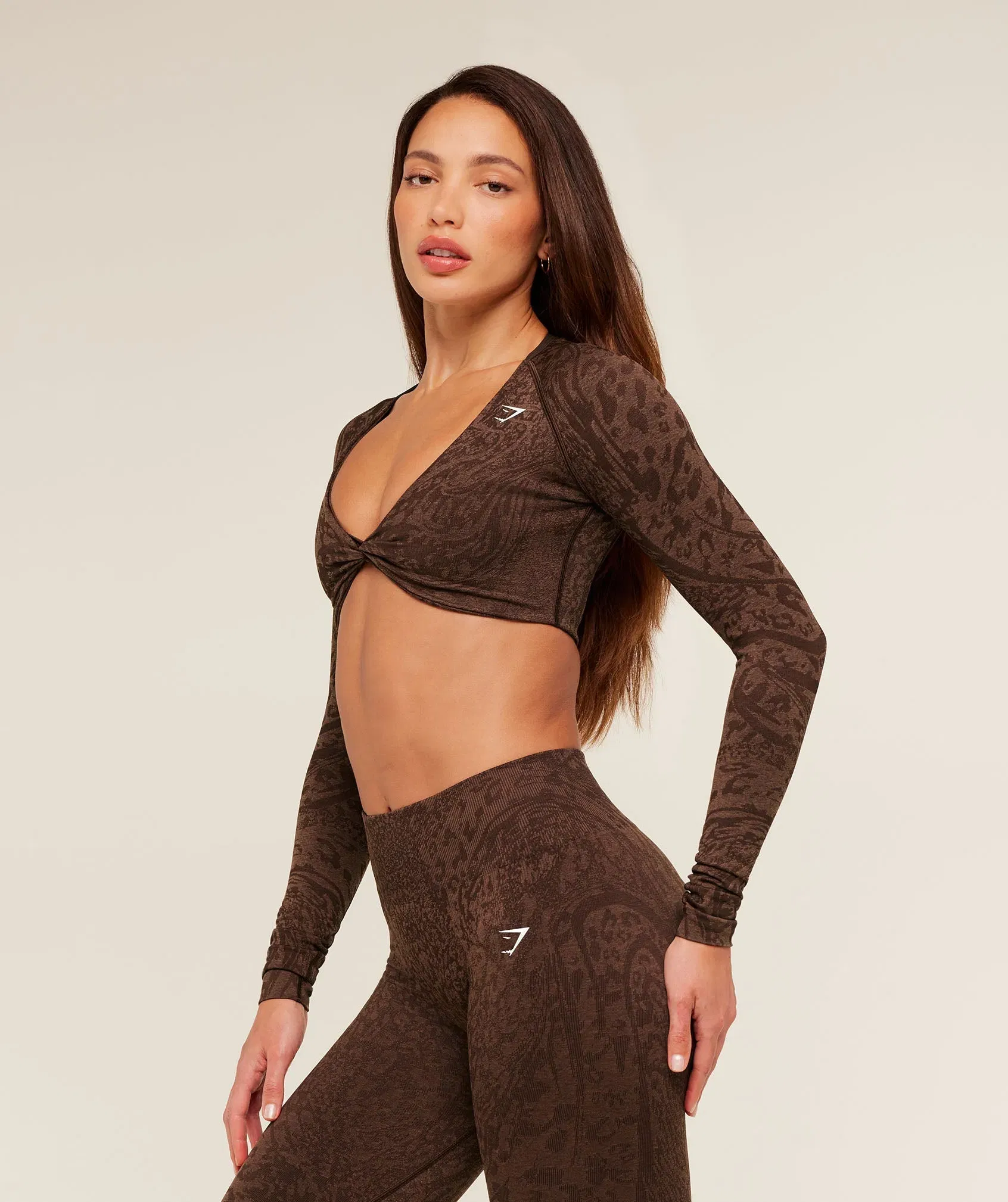 Gymshark Adapt Animal X Whitney Long Sleeve Crop Top - Archive Brown /  Soft Brown