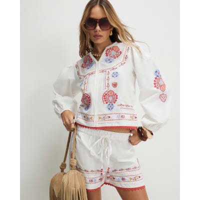White Embroidered Long Sleeve Blouse