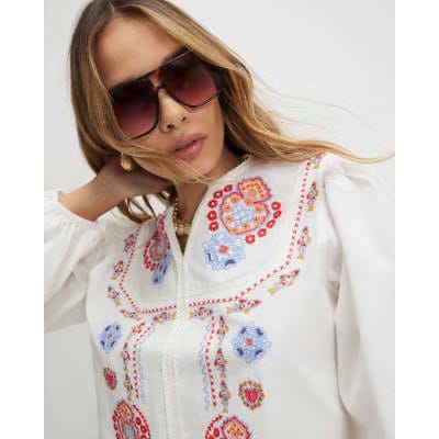 White Embroidered Long Sleeve Blouse