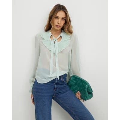 Green Tie Neck Long Sleeve Blouse
