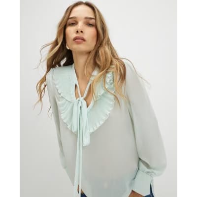 Green Tie Neck Long Sleeve Blouse