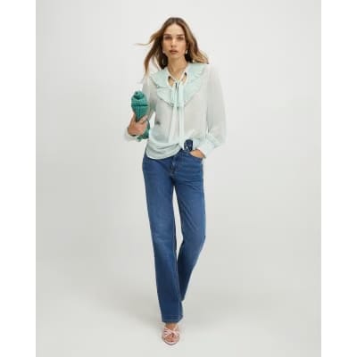 Green Tie Neck Long Sleeve Blouse