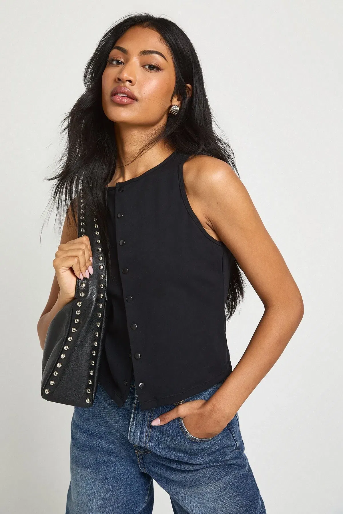 Peached Sculpt Popper Through Sleeveless Top