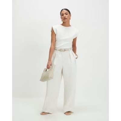 Petite Cream Belted Wide Leg Trousers