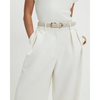Petite Cream Belted Wide Leg Trousers