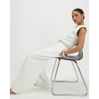 Petite Cream Belted Wide Leg Trousers