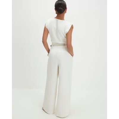 Petite Cream Belted Wide Leg Trousers
