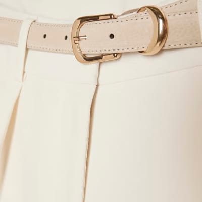 Petite Cream Belted Wide Leg Trousers