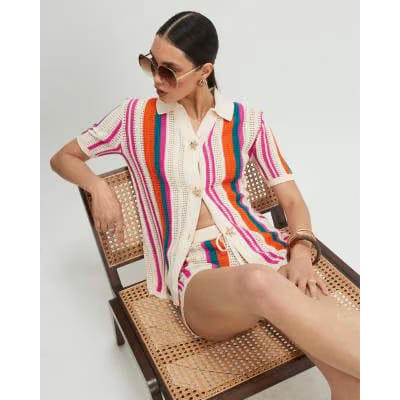 Cream Striped Crochet Shirt