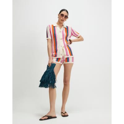 Cream Striped Crochet Shirt