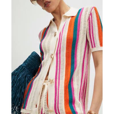 Cream Striped Crochet Shirt