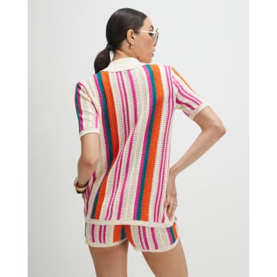 Cream Striped Crochet Shirt